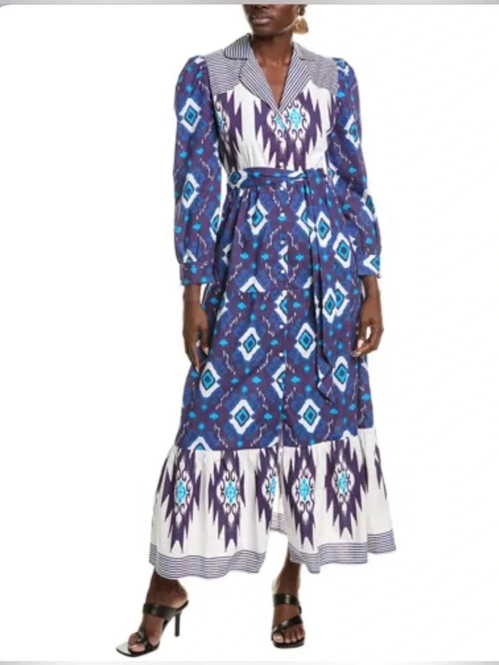 Garrie B Blue Purple Ikat Mixed Pattern 100% Cotton Midi Shirt Dress - Like New